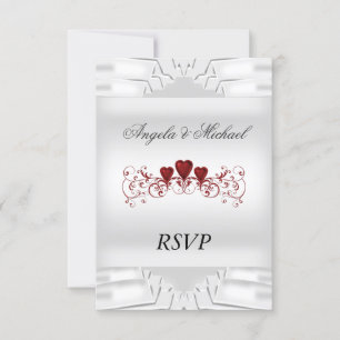 Elegant vit bröllops-RSVP röda hjärtan OSA Kort