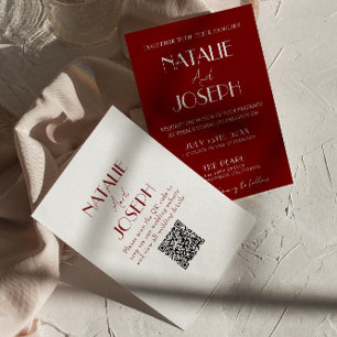 Elegant vit burgundisk minimalistisk QR-kod bröllo Inbjudningar