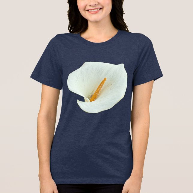 Elegant vit Calla-lilja enfärgad marinblå t-shirt (Framsida)