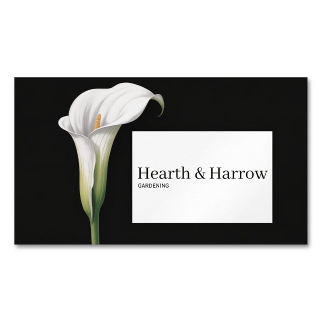 Elegant vit Calla-lilja Svart blomsterdesign Magnetiska Visitkort (Framsida)