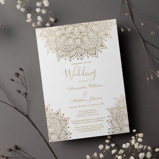 Elegant, vit chic guld blommigt mandala Bröllop Inbjudningar (Elegant white chic gold floral mandala Wedding )