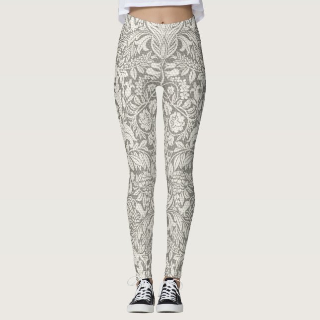 Elegant vit damask blom hem dekor leggings (Framsida)