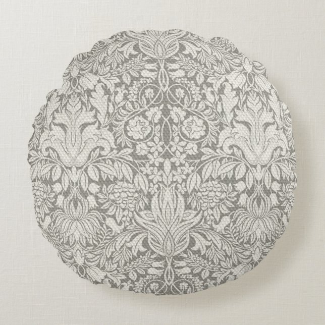 Elegant vit damask blom hem dekor rund kudde (Framsidan)