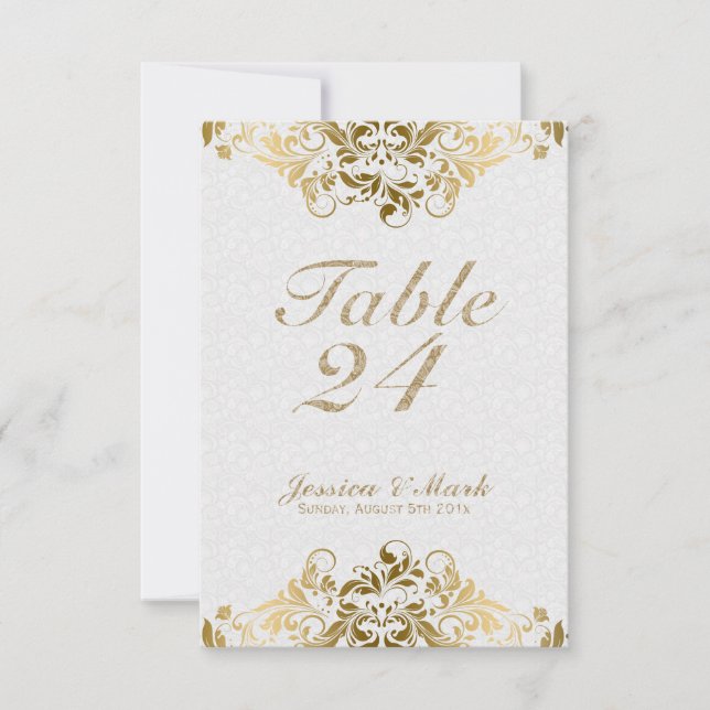 Elegant vit Damasker & Guld Blommig Spets Inbjudningar (Framsida)