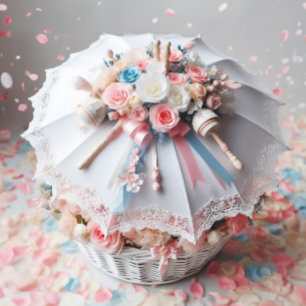 Elegant vit duschparaply blommor baby skallra  inbjudningar