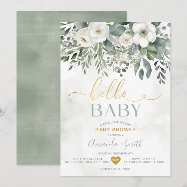 Elegant Vit Eucalyptus Blommigt Hej Baby Shower Inbjudningar (Fram/baksida)