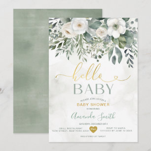 Elegant Vit Eucalyptus Blommigt Hej Baby Shower Inbjudningar