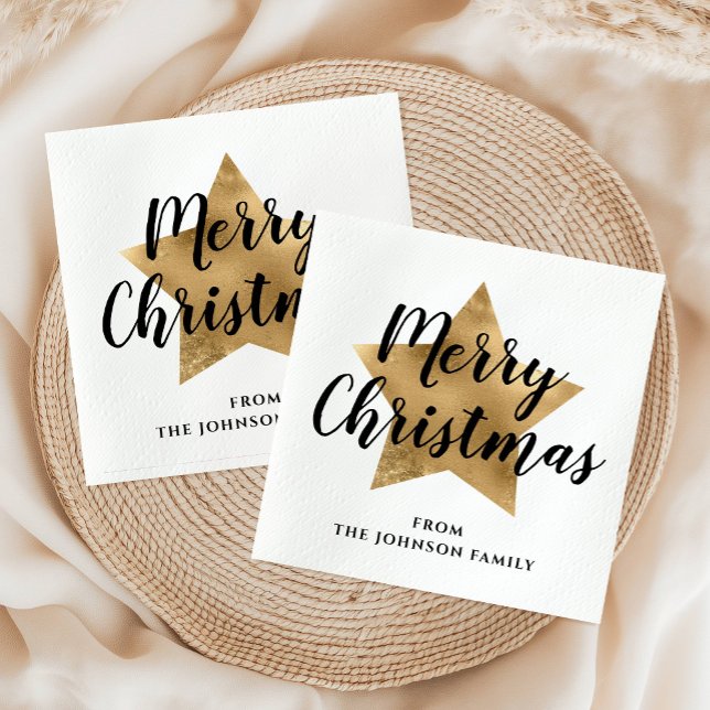 Elegant vit falsk guldstjärna God Jul Pappersservett (Elegant White Faux Gold Star Merry Christmas Napkins)