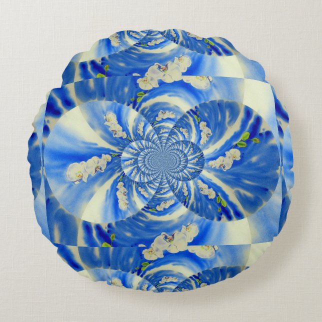 Elegant vit färgsfärg för orkidé rund kudde (Framsidan)