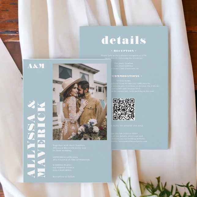 Elegant Vit, fetstilt, glatt, glatt, glatt, glatt, Inbjudningar (Elegant Bold simple white ice blue photo wedding Invitation)