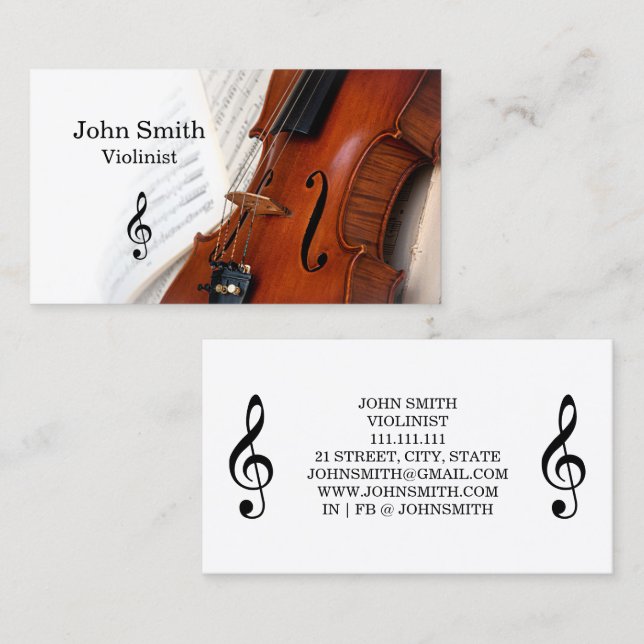 Elegant vit fiol violinist visitkort (Fram/baksida)