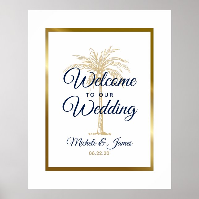 Elegant vit flotta guld palmträd bröllop välkommen poster (Framsidan)