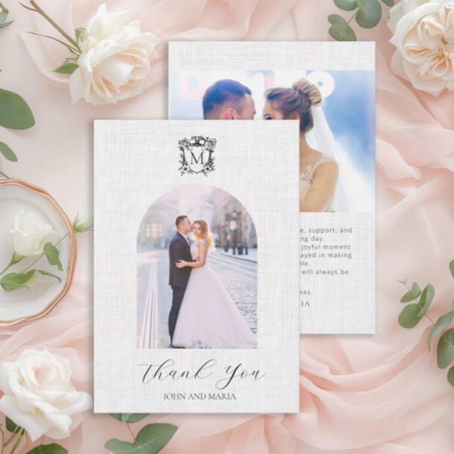 Elegant vit foto valv bögen bröllop tack kort (Elegant arch photo wedding thank you card with crest)