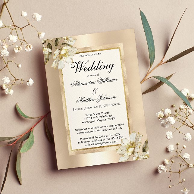 Elegant, vit glasflaska champagne guld blommigt Br Inbjudningar (Elegant white glam champagne gold floral Wedding)