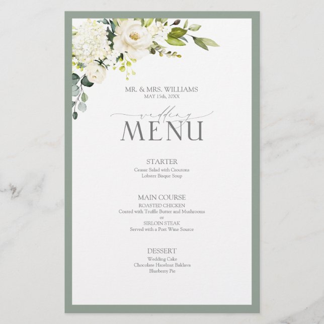 Elegant vit grå grön akvarell blomsterbröllop (Framsida)