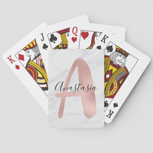Elegant vit & grå marmor roséguld A monogram namn Casinokort (Baksidan)