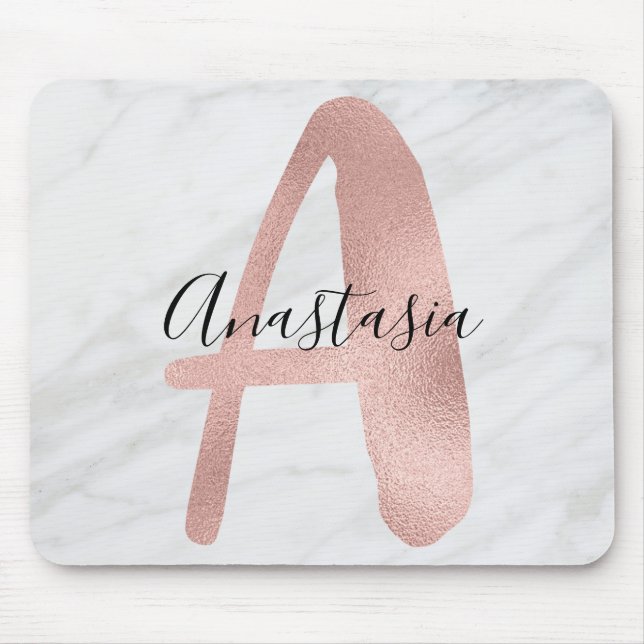 Elegant vit & grå marmor roséguld A monogram namn Musmatta (Framsidan)