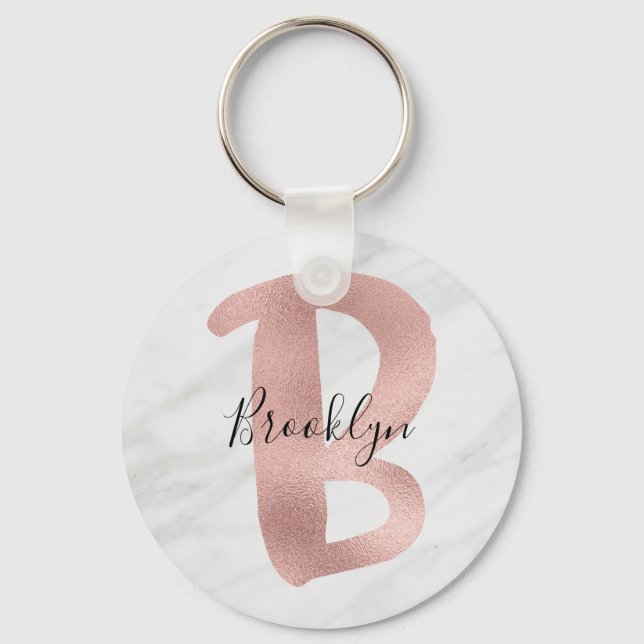 Elegant vit & grå marmor Roséguld B Monogram Namn Nyckelring (Framsida)