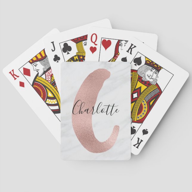 Elegant vit & grå marmor roséguld C monogram namn Casinokort (Baksidan)