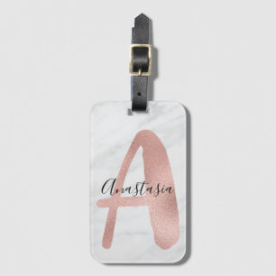 Elegant vit & grå marmor roséguld initial A namn Bagagebricka