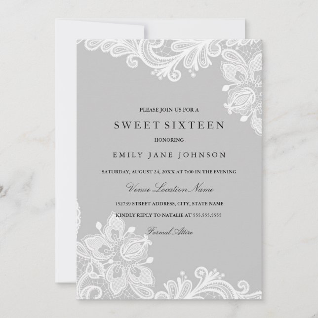 Elegant vit grå spets Sweet Sixteen inbjudan (Framsida)