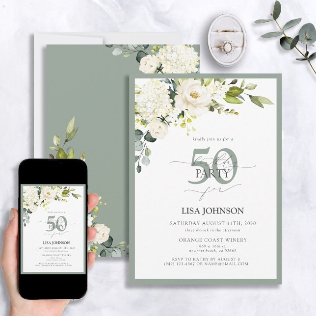 Elegant Vit Grått Grönt Blommigt 50 födelsedagar Inbjudningar (Skapare uppladdad)