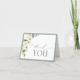 Elegant Vit Grått Grönt Blommigt Tack, ditt kort