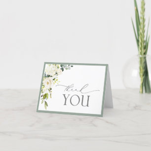 Elegant Vit Grått Grönt Blommigt Tack, ditt kort