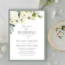 Elegant Vit Grått Grönt Blommigt Vattenfärg Bröllo