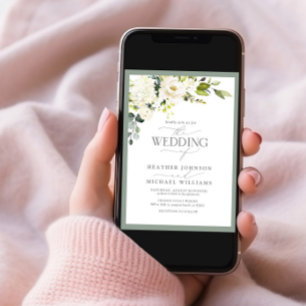 Elegant Vit Grått Grönt Blommigt Vattenfärg Bröllo Inbjudningar