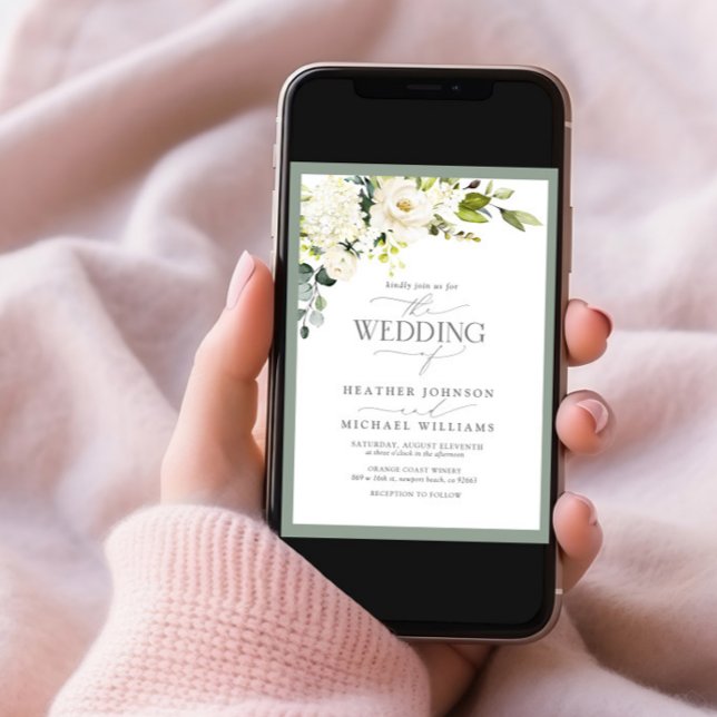 Elegant Vit Grått Grönt Blommigt Vattenfärg Bröllo Inbjudningar (Skapare uppladdad)