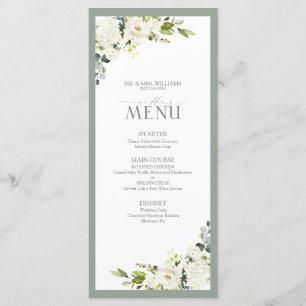 Elegant Vit Grått Grönt Blommigt Vattenfärg Bröllo Meny