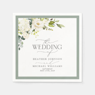 Elegant Vit Grått Grönt Blommigt Vattenfärg Bröllo Pappersservett