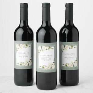Elegant Vit Grått Grönt Blommigt Vattenfärg Bröllo Vinflaska Etikett
