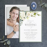 Elegant Vit Grått Grönt Blommigt Vattenfärgfoto Inbjudningar<br><div class="desc">Baserat på vår bästsäljande Inbjudningskort för möhippan har denna vackra, moderna inbjudan till elegant bröllop en bukett av vita blommor som ro och vattentäkt, och botaniskt grönt, som gränsar till en mjuk grått-grönt. Anpassa dina detaljer som accentueras med vacker, modern, slitad kalligrafi i mjuk mörk mörk form. Baksidan av inbjudan...</div>