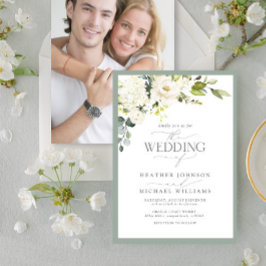 Elegant Vit Grått Grönt Blommigt Vattenfärgfoto Inbjudningar