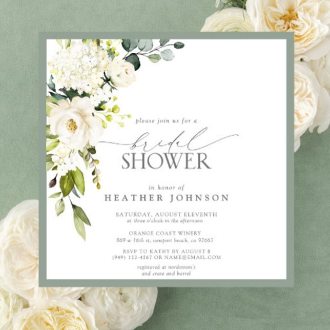 Elegant Vit Grått Grönt Vattenfärgad Möhippa Inbjudningar (Easily personalize this beautiful bridal shower invitation for a very special event!)