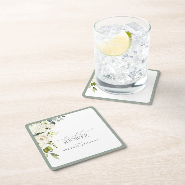 Elegant Vit Grått Grönt Vattenfärgad Möhippa Underlägg Papper Kvadrat (Insitu)