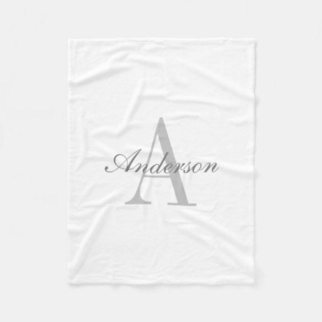 Elegant Vit & Grått Monogram Classic Fleecefilt (Framsidan)