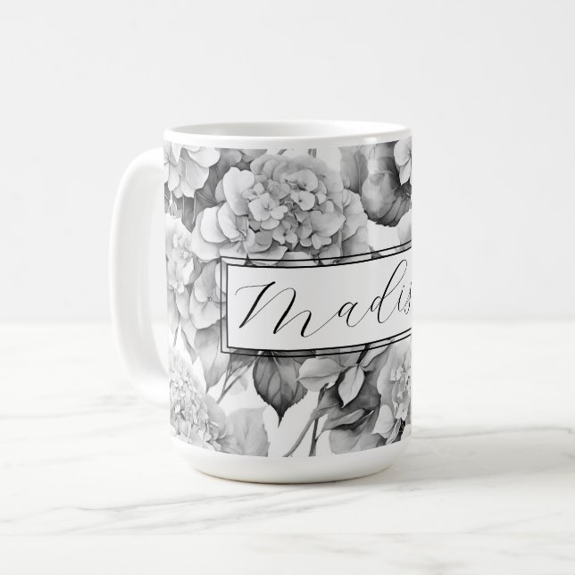 Elegant vit grått svart blommigt, vattenfärg kaffemugg (Framsida vänster)