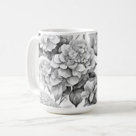 Elegant vit grått svart blommigt, vattenfärg kaffemugg