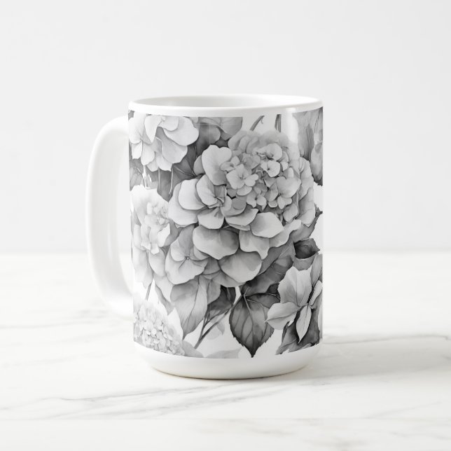 Elegant vit grått svart blommigt, vattenfärg kaffemugg (Framsida vänster)