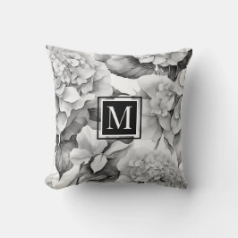 Elegant vit grått svart blommigt, vattenfärg kudde