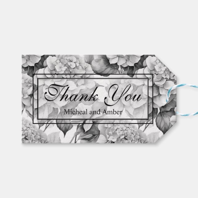 Elegant vit grått svart blommigt, vattenfärg presentetikett (Framsidan (Horisontell))