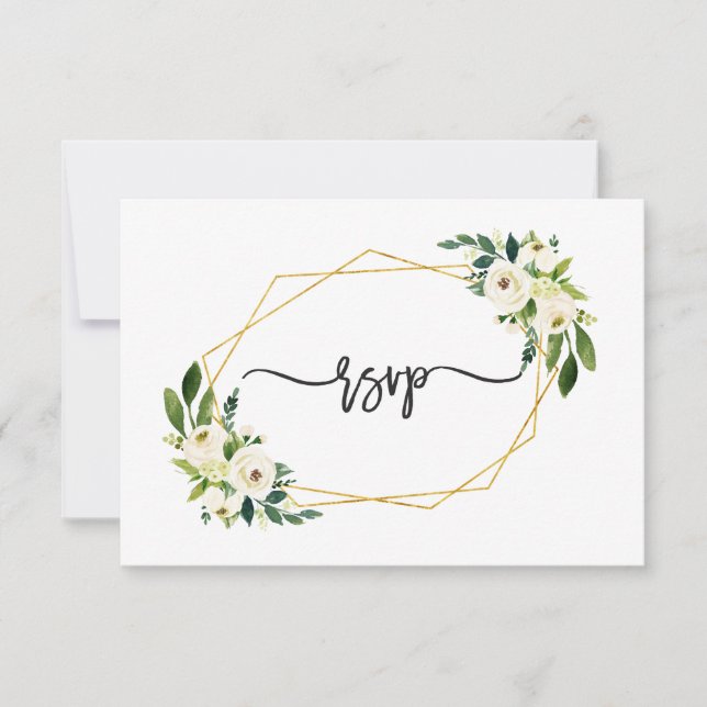 Elegant vit grön blomster- guld ram bröllop RSVP OSA Kort (Framsida)