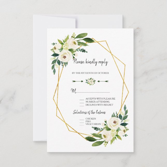 Elegant vit grön blomster- guld ram bröllops-RSVP OSA Kort (Framsida)