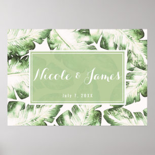 Elegant vit grön tropisk blad bröllopsbanner poster