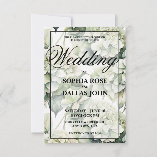 Elegant, vit grönt, blommigt Bröllop Inbjudningar (Framsida)