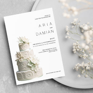 Elegant, vit grönt, blommigt tårta Bröllop Inbjudningar