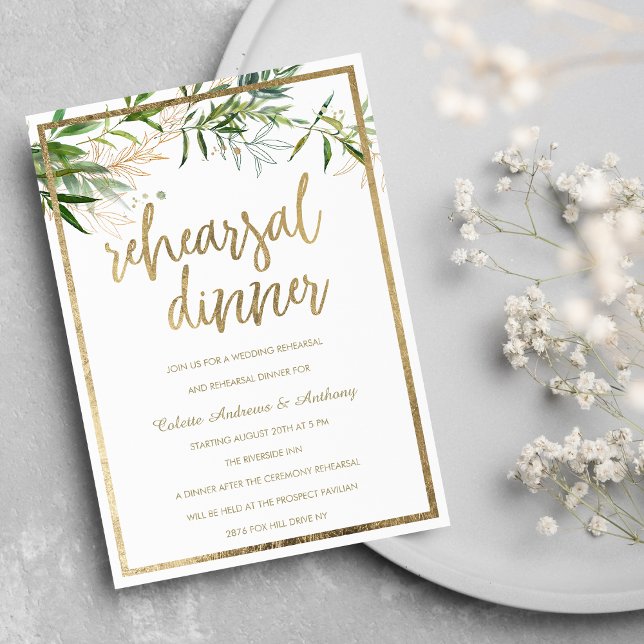 Elegant, vit grönt, guld, semestermål för lövning inbjudningar (Elegant white green gold foliage Rehearsal Dinner Invitation )